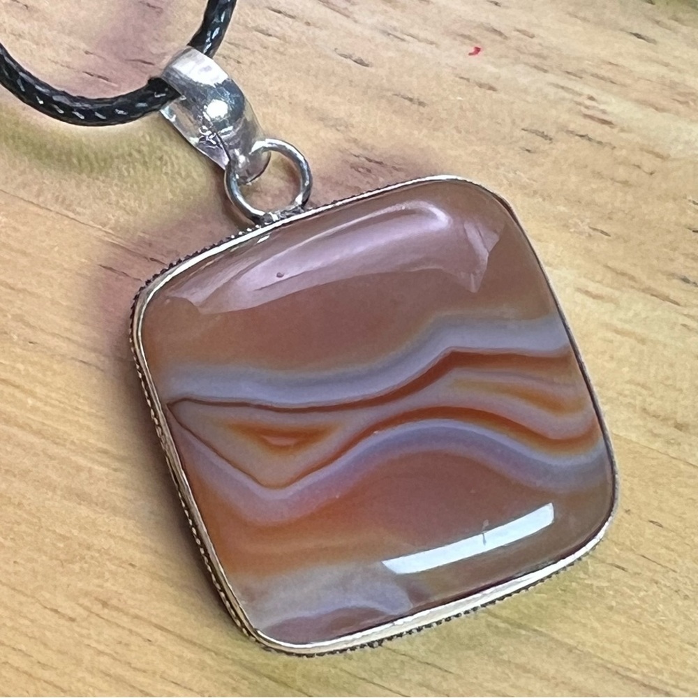 New Orange Sardonyx Agate Stone Silver Overlay Pendant w Cord